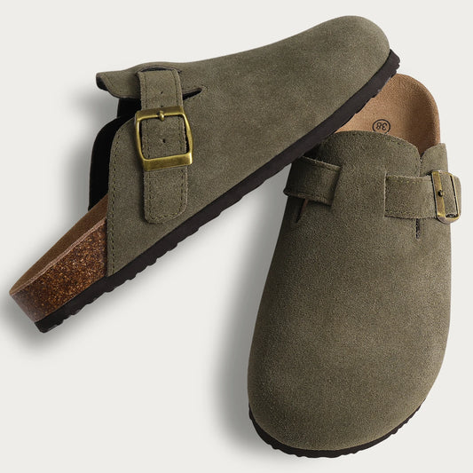 Comwarm Unisex Suede Mules with Cork Footbed – Arch Support Clogs for Outdoor & Home Wear